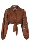 Mc2 Saint Barth Cropped Brown Lace Shirt With Pointed Collar
