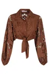 Mc2 Saint Barth Cropped Brown Lace Shirt With Pointed Collar