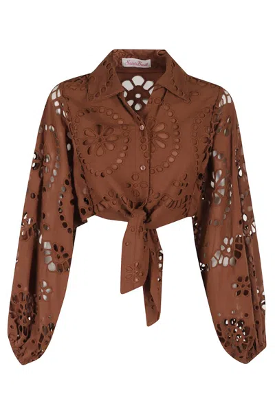 Mc2 Saint Barth Cropped Brown Lace Shirt With Pointed Collar