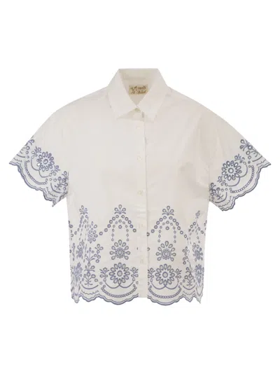 Mc2 Saint Barth Cropped Cotton Shirt With Floral Embroidery In White