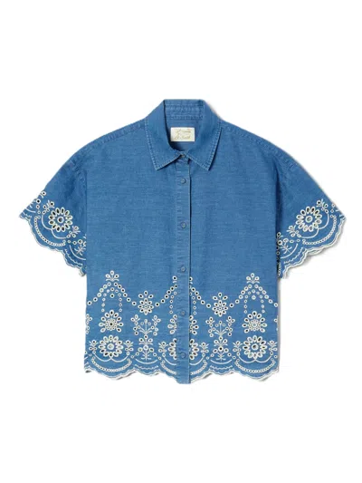 Mc2 Saint Barth Cropped Shirt With Classic Collar And Floral Embroidery In Blue