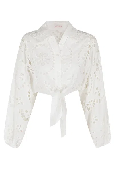 Mc2 Saint Barth Cropped White Shirt With Lace Design
