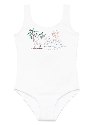 Mc2 Saint Barth Kids' Crystal-logo Swimsuit In White