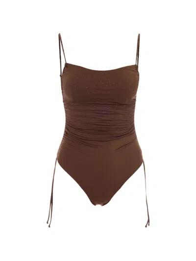 Mc2 Saint Barth Crystal-embellished Ruched Swimsuit In Brown
