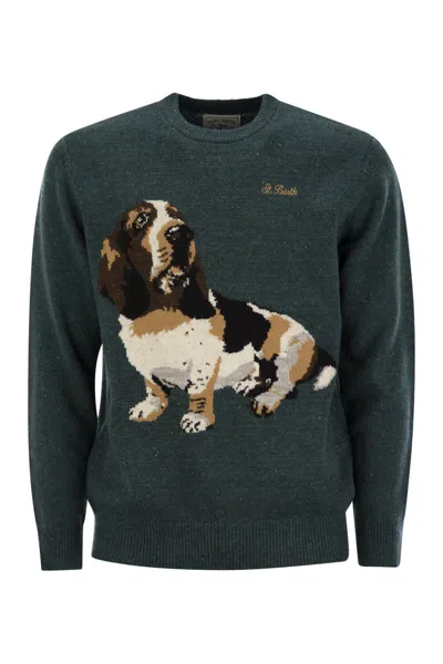 Mc2 Saint Barth Green Wool Sweater With Basset Hound Print
