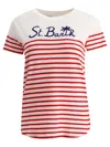 Mc2 Saint Barth Red Striped Cotton T-shirt With St. Barth Embroidery In White