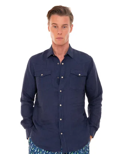 Mc2 Saint Barth Dark Denim Linen Shirt In Blue