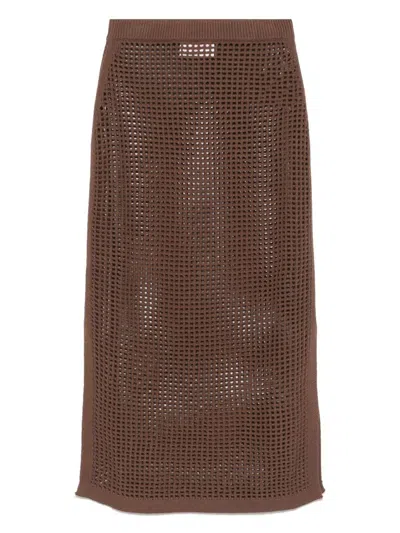 MC2 SAINT BARTH 'DARLINE' BROWN CROCHET KNIT COTTON BLEND MIDI SKIRT