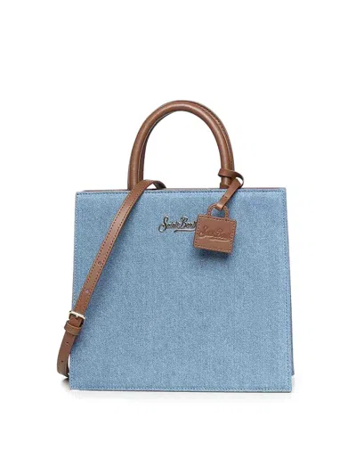 Mc2 Saint Barth Denim And Leather Midi Shopper Bag In Blue