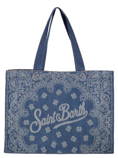 Mc2 Saint Barth Denim Beach Tote Bag With Bandana Print In Orange
