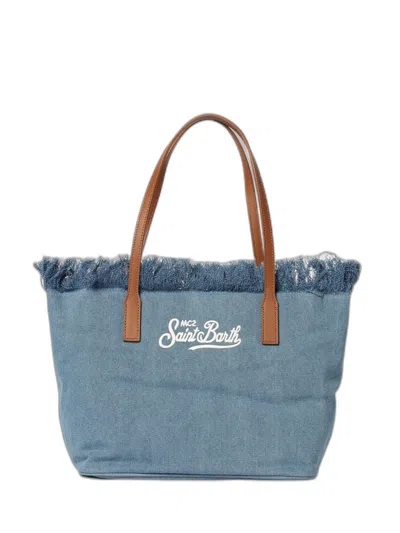 Mc2 Saint Barth Denim Beach Tote Bag With Leather Handles In Blue
