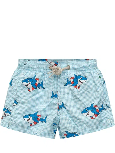 Mc2 Saint Barth Denim-style Shark Print Swim Shorts In Shark Side Vichy 31
