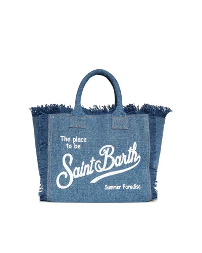 Mc2 Saint Barth Durable Canvas Tote Bag With Fringed Edges And Iconic Logo In Blue
