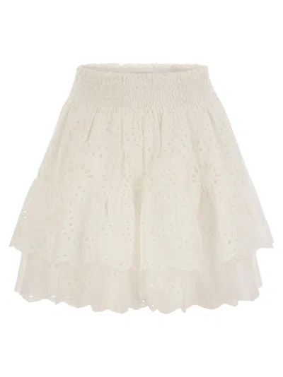 Mc2 Saint Barth Beige Eivissa Short Ramie Skirt With Embroidery In White