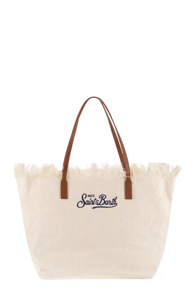 Mc2 Saint Barth Embroidered Canvas Beach Tote Bag With Leather Handles In Neutral