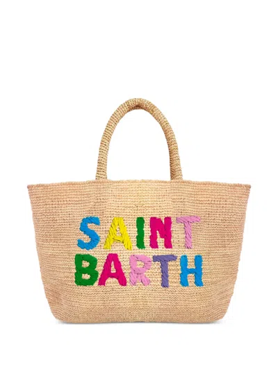 Mc2 Saint Barth Embroidered Raffia Tote Bag In Nude