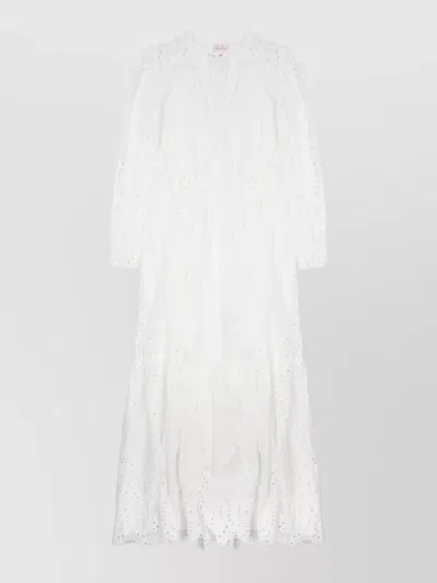 Mc2 Saint Barth Tiered White Midi Dress With Eyelet Pattern And Puff Sleeves