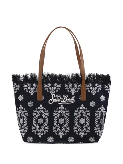 Mc2 Saint Barth Embroidered-logo Fringed Shoulder Bag In Black