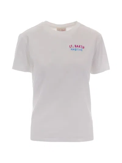 Mc2 Saint Barth White Embroidered Crew Neck T-shirt In Pink