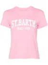 Mc2 Saint Barth Woman Cotton Jersey Crewneck T-shirt Emilie With Saint Barth Beach Club Print In Pink