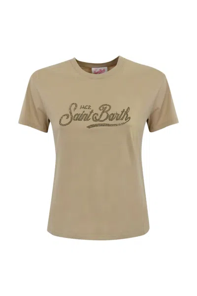 Mc2 Saint Barth Emilie T-shirt With Beige Rhinestone Logo
