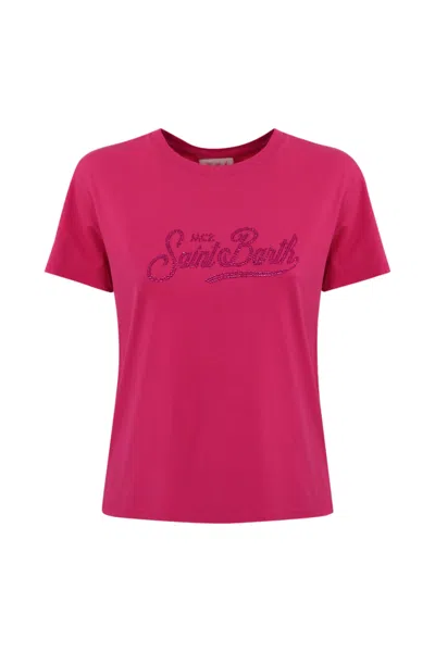 Mc2 Saint Barth Emilie T-shirt With Fuchsia Rhinestone Logo In Fucsia