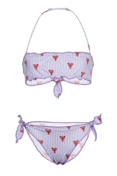 Mc2 Saint Barth Emy Bandeau Bikini With Aragolove Stripes Print In Purple