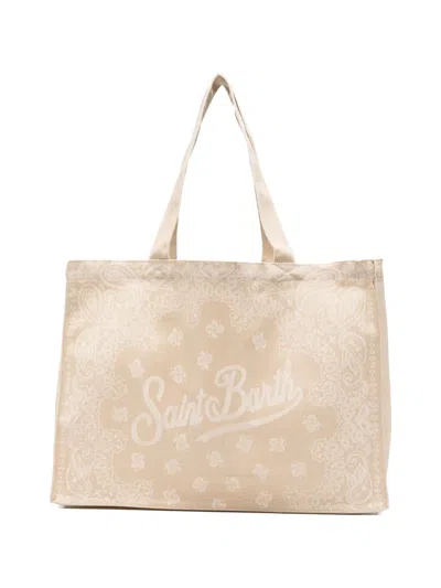 Mc2 Saint Barth Essential Paisley-print Logo-script Beach Bag In Neutral