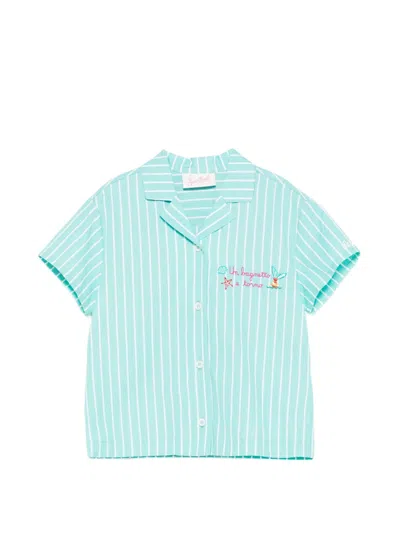Mc2 Saint Barth Kids' Everlee Striped-pattern Logo-embroidered Shirt In Blue