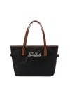 Mc2 Saint Barth Rectangular Tote Bag With Contrasting Brown Handles And White Script Logo In Black