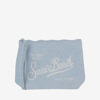 Mc2 Saint Barth Fabric Clutch Bag With Logo In Clear Blue