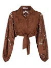 Mc2 Saint Barth Cropped Brown Lace Shirt With Pointed Collar