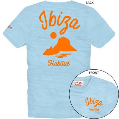 Mc2 Saint Barth Flamed Cotton T-shirt With Ibiza Mono Print In Blue