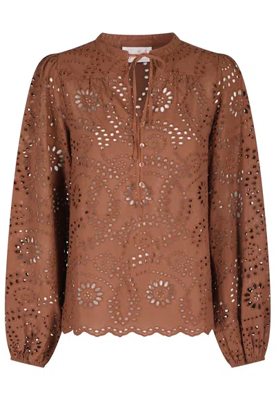 Mc2 Saint Barth Floral Cut-out Brown Blouse