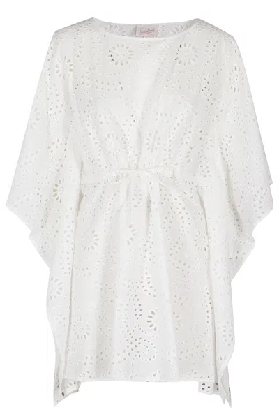 Mc2 Saint Barth Floral Cut-out Cotton Round Neck Caftan In Gray