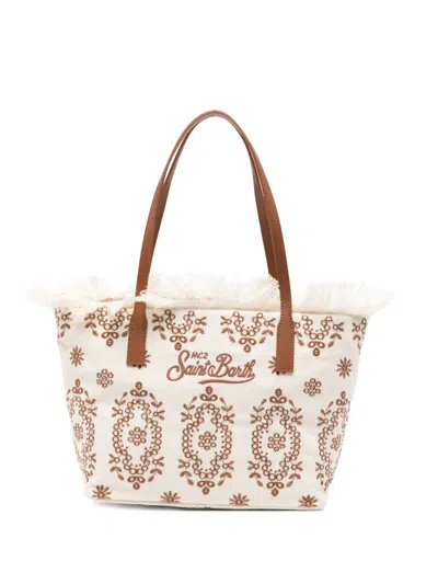 Mc2 Saint Barth Floral-embroidered Fringed-detail Tote Bag In Neutral