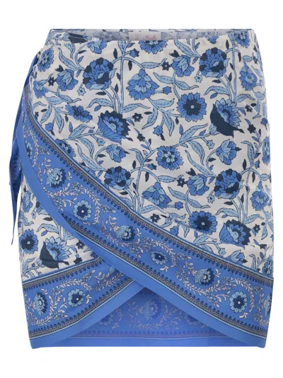 Mc2 Saint Barth Floral Print Cotton Wrap Mini Skirt In Blue