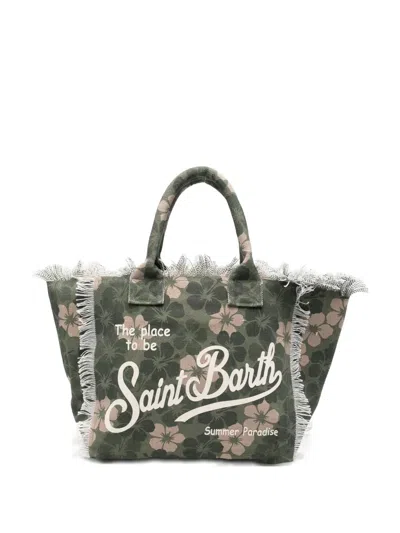 Mc2 Saint Barth Floral-print Frayed Tote Bag In Green