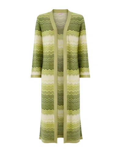Mc2 Saint Barth Fluid Knit Long Cardigan With Geometric Wave Pattern In Green