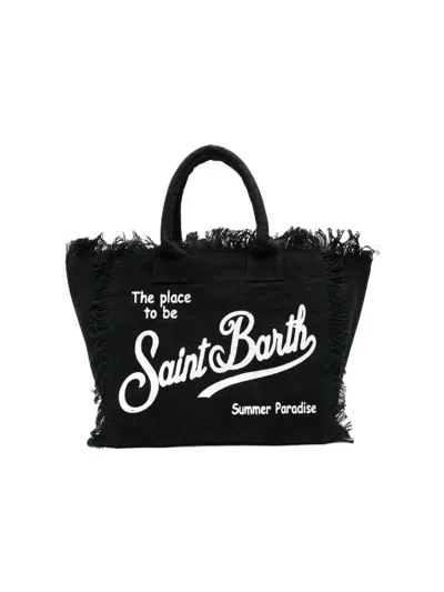 Mc2 Saint Barth Frayed Edge Black Tote Bag With Striking Text