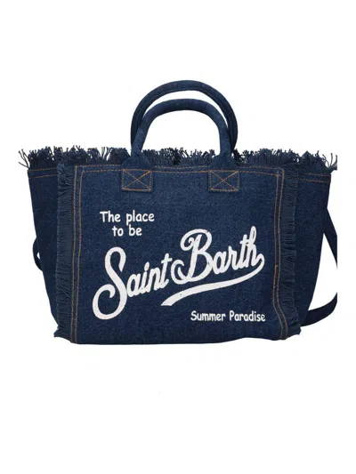 Mc2 Saint Barth Frayed Edges Dark Denim Tote Bag In Blue