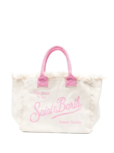 Mc2 Saint Barth Frayed Embroidered Beach Bag In Neutral