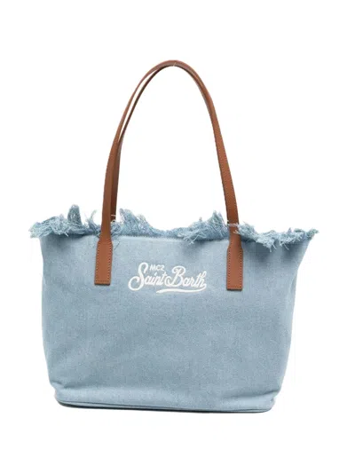 Mc2 Saint Barth Frayed-edge Denim-look Tote Bag With Leather Handles In Blue