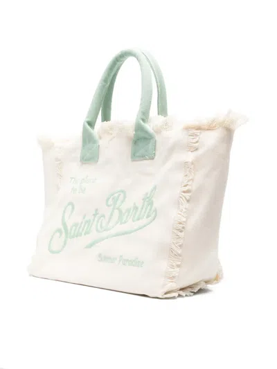 Mc2 Saint Barth Frayed-edge Logo-embroidered Beach Bag In Neutral