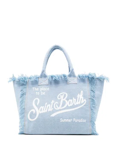 Mc2 Saint Barth Fringe Trim Top Handle Logo Print Bag In Blue