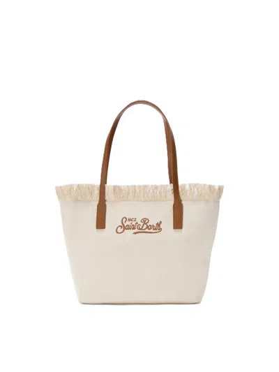 Mc2 Saint Barth Fringed Beige Canvas Tote Bag With Leather Accents In White