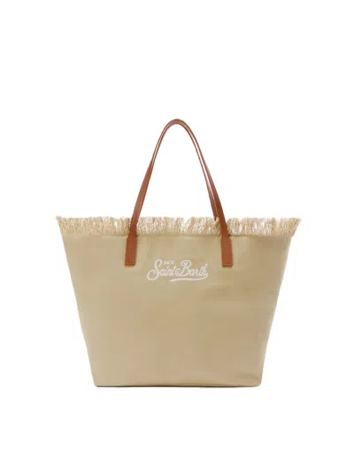 Mc2 Saint Barth Fringed Beige Canvas Tote Bag With Leather Accents In Brown