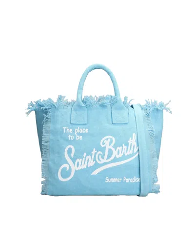 Mc2 Saint Barth Fringed Canvas Tote Bag With Removable Shoulder Strap In Blue
