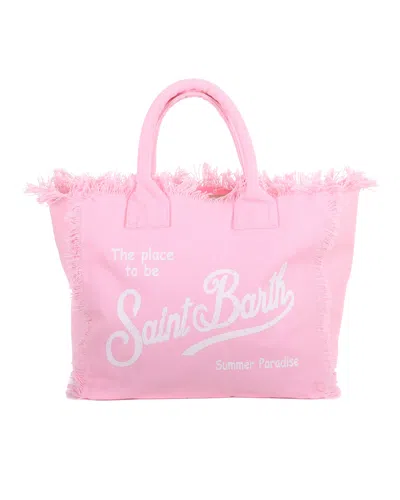 Mc2 Saint Barth Fringed Cotton Canvas Tote Bag With Logo Detail In Pink