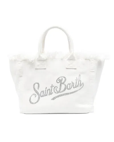 Mc2 Saint Barth Fringed Cotton Canvas Tote With Rhinestone Logo In White
